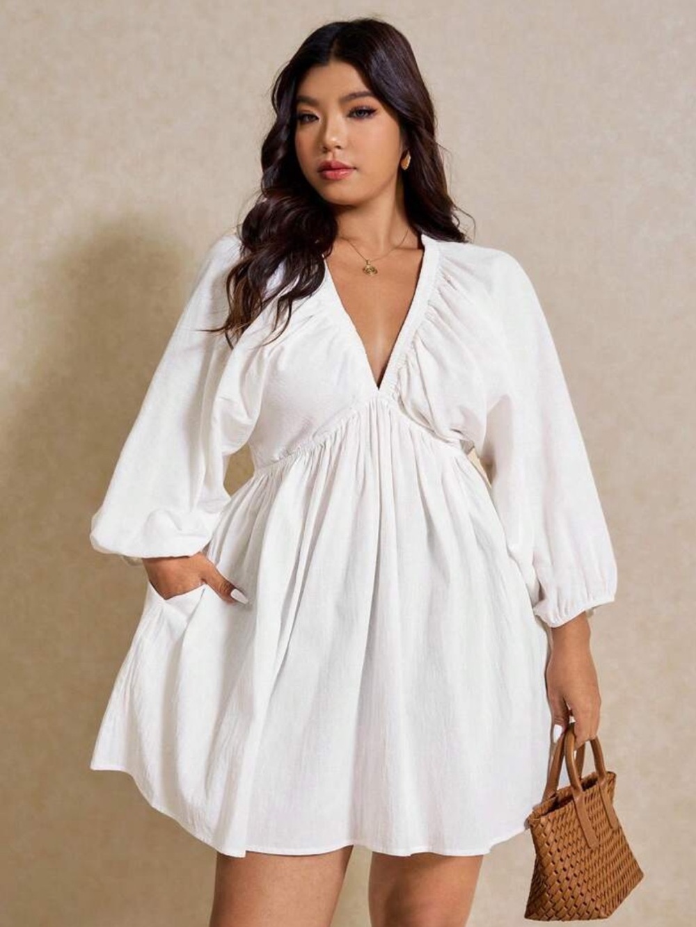 Elaquor Plus Size Casual Solid Color Lantern Sleeve Dress